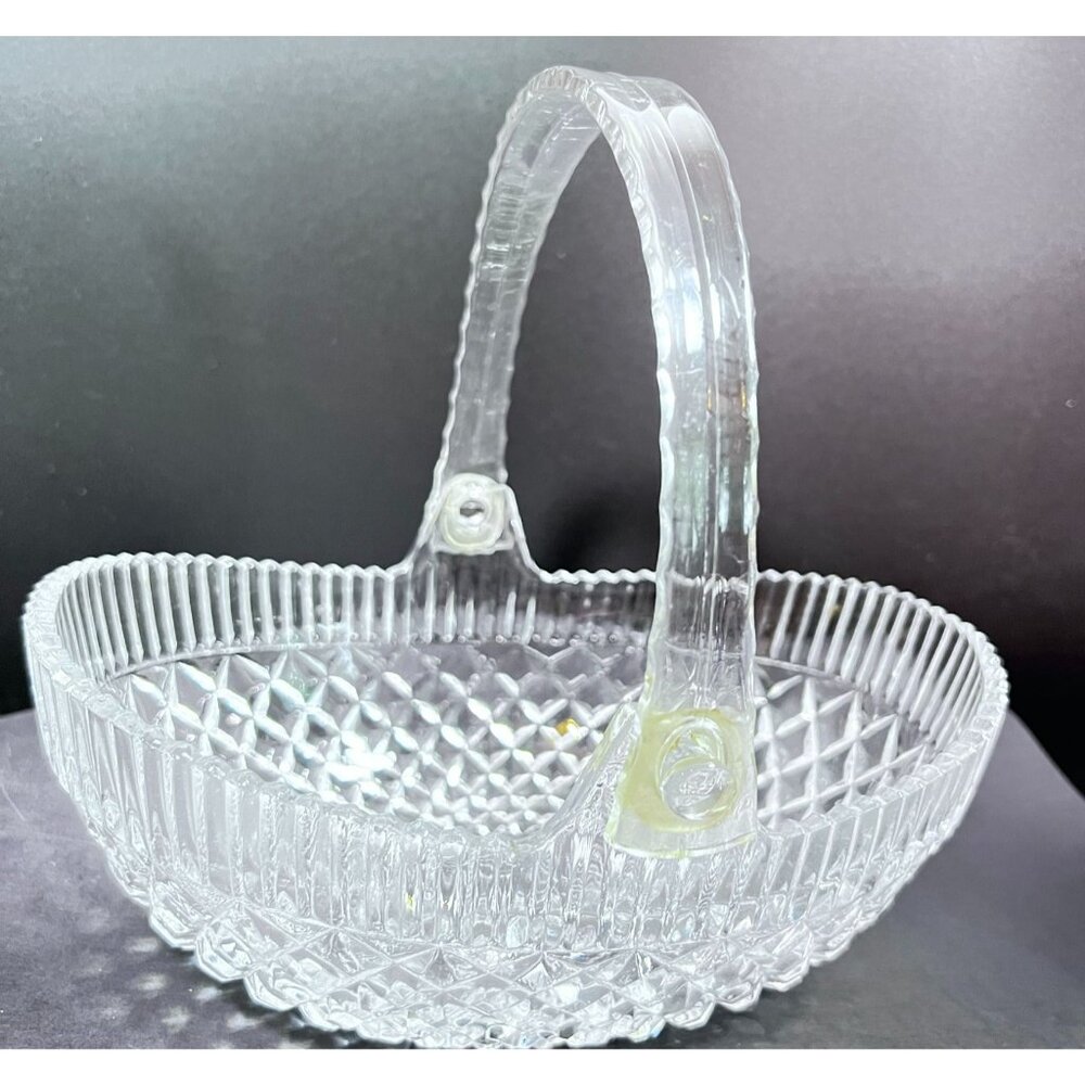 Vtg EAPG Clear Pressed Glass Basket‎ Diamond Pattern Lucite Handle Fruit Candy